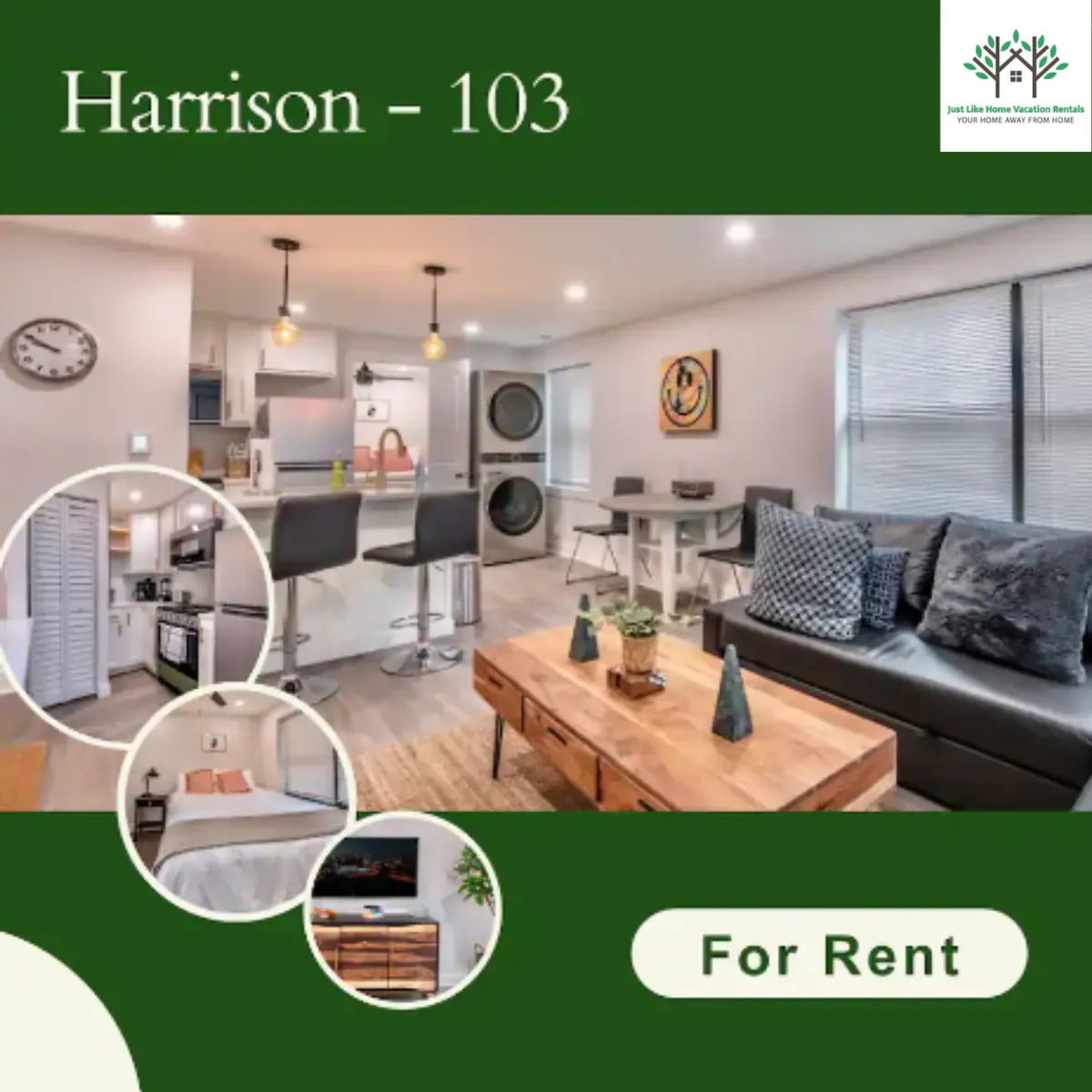 A bright, open-concept apartment interior featuring a sleek, modern kitchen, a cozy living room with plush seating, a stylish dining table set for four, and contemporary decorative art. The space is flooded with natural light and thoughtfully designed for comfort and style, inviting guests to relax, cook, and gather together.